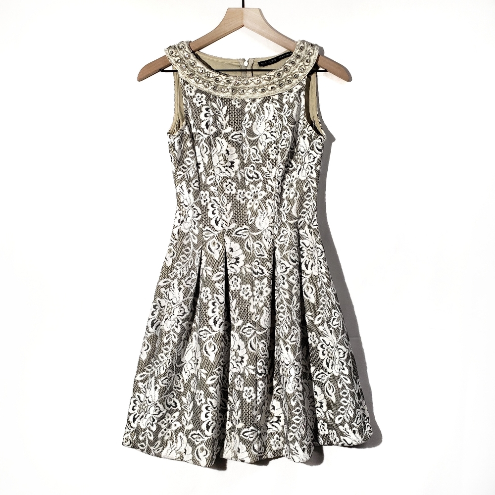 Zara Beaded Collar Lace Fit & Flare Dress Floral Ivory XS Jacquard